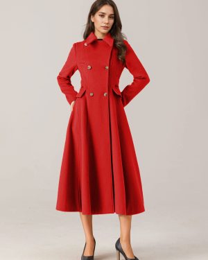 Flared Wool Blend Coat For Woman Red Turndown Collar Double-breasted Elegant 2025 Winter Outerwear