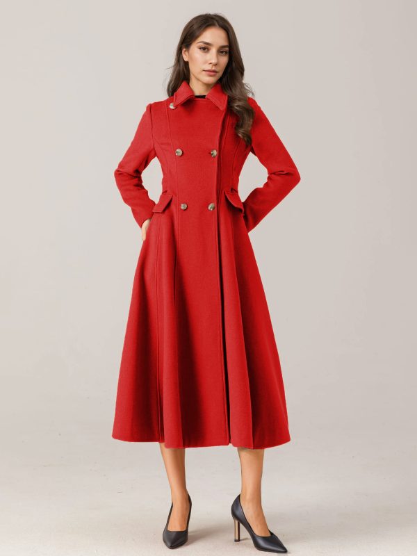 Flared Wool Blend Coat For Woman Red Turndown Collar Double-breasted Elegant 2025 Winter Outerwear