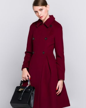 Flared Woolen Coat In Burgundy Double-Breasted Turndown Collar A-line Winter Midi Outerwear For Women 2025