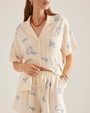 Flat White Embroidered Linen-Blend Surf Shirt