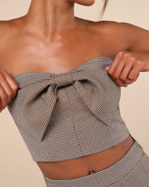 Flirtatious Darling Brown Houndstooth Plaid Bow Crop Top