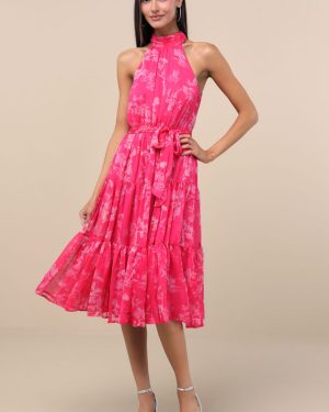 Float to You Hot Pink Floral Print Halter-Neck Tiered Midi Dress