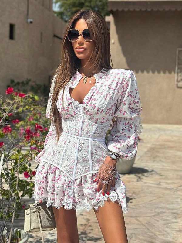 Floral Dress Mini Dresses Dresses Floral Print Lace Embellished Collar Long Sleeves Chic Fall Short