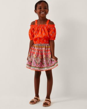 Floral Print Bardot Top & Skirt Set Orange