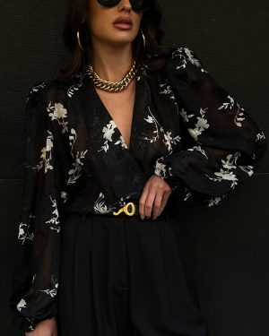Floral Print Blouse V-neck Puff Sleeve Black Sheer Top For Women 2025
