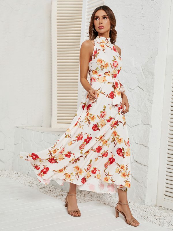 Floral Print Halter Neck Belted Maxi Dress For Summer 2025