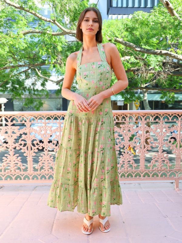 Floral Print Maxi Dress Halter Neck Layered Summer Dress For Women 2025