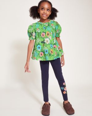 Floral Tiered Blouse and Leggings Set Green