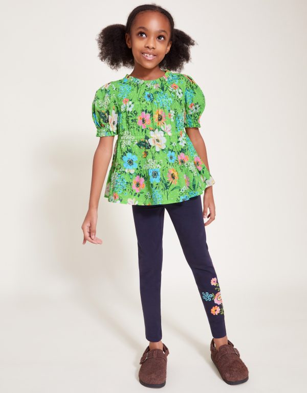 Floral Tiered Blouse and Leggings Set Green