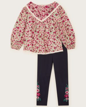 Floral Woven Blouse and Leggings Set Red