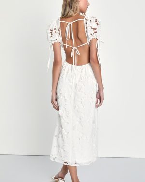 Flourishing Blossoms White 3D Floral Backless Midi Dress
