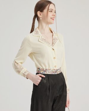 Flower Embroidered Shirt In Apricot Lapel Spring Top For Women 2025