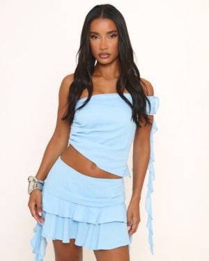 Fold Over Asymmetric One Shoulder Frill Detail Crop Top In Blue Mesh, Women's Size UK 6