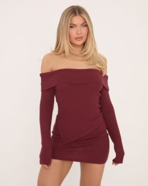 Fold Over Bardot Asymmetric Hem Top In Burgundy Soft Ribbed, Women's Size UK 12