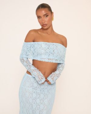 Fold Over Bardot Long Sleeve Crop Top In Blue Lace, Women's Size UK 6