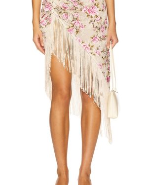 For Love & Lemons Esme Rose Embroidered Asymmetrical Skirt in Cream. Size 12, 4, 6, 8.
