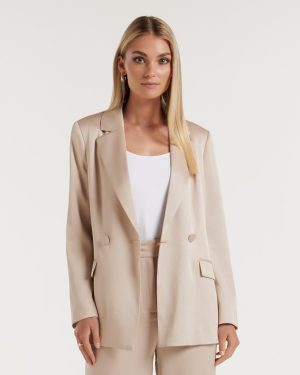 Forever New Women's Alora Satin Tie Co-ord Blazer Jacket in Silver Cloud Suit, Size 14 Polyester/Viscose/Polyester