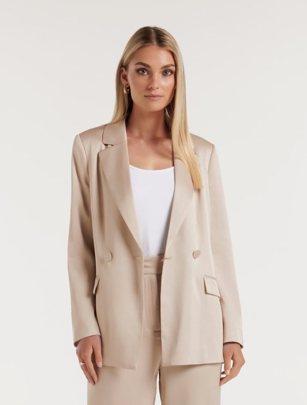 Forever New Women's Alora Satin Tie Co-ord Blazer Jacket in Silver Cloud Suit, Size 14 Polyester/Viscose/Polyester