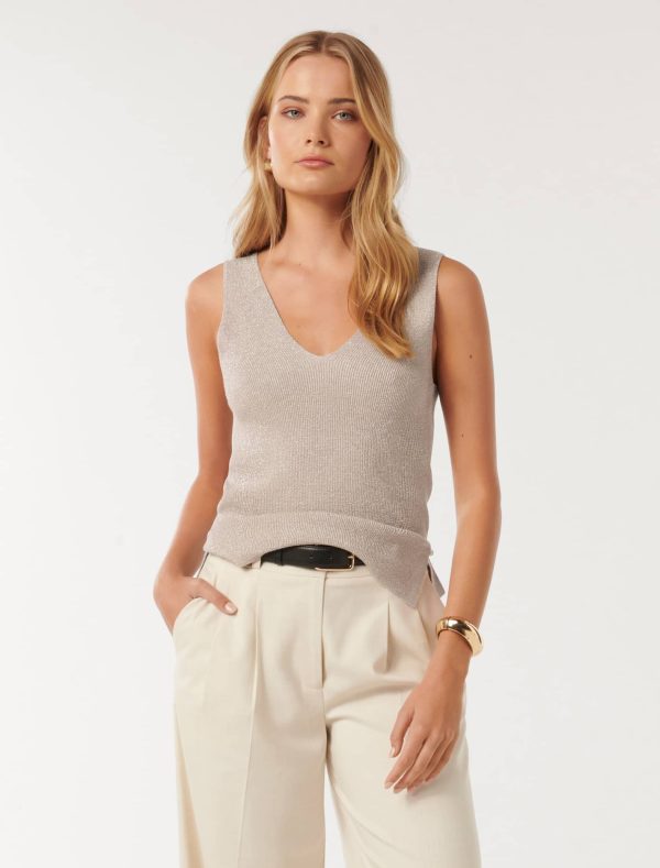 Forever New Women's Amara Knit Tank Top in Metallic, Size Medium Viscose/Polyamide/Polyester