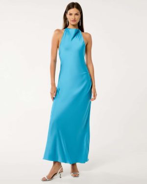 Forever New Women's Audrey Satin Backless Maxi Dress in Horizon Blue, Size 8 Polyester/Viscose/Polyester
