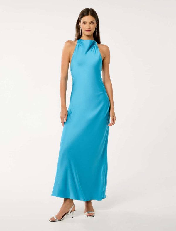Forever New Women's Audrey Satin Backless Maxi Dress in Horizon Blue, Size 8 Polyester/Viscose/Polyester