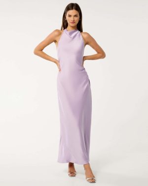 Forever New Women's Audrey Satin Backless Maxi Dress in Lavender Fog, Size 12 Polyester/Viscose/Polyester
