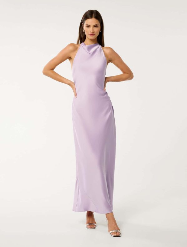 Forever New Women's Audrey Satin Backless Maxi Dress in Lavender Fog, Size 12 Polyester/Viscose/Polyester