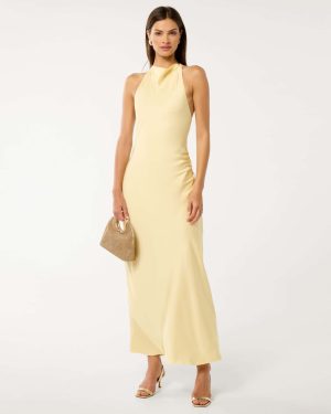 Forever New Women's Audrey Satin Backless Maxi Dress in Soft Yellow, Size 10 Polyester/Viscose/Polyester