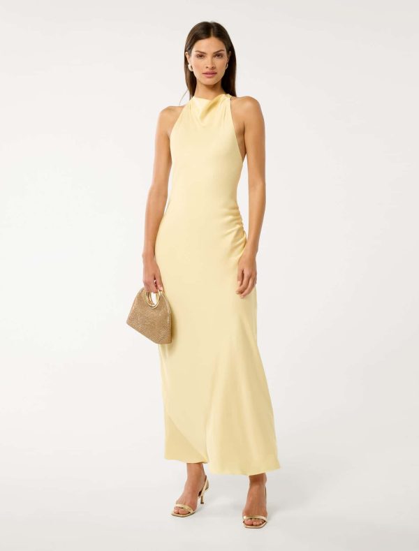 Forever New Women's Audrey Satin Backless Maxi Dress in Soft Yellow, Size 10 Polyester/Viscose/Polyester