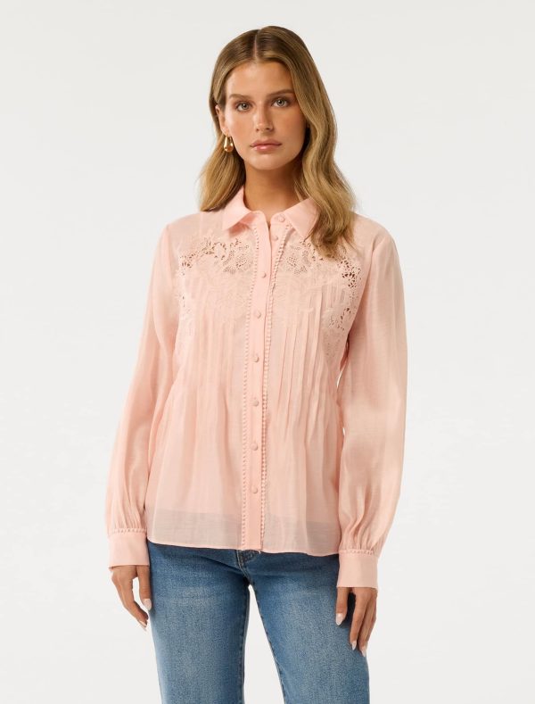 Forever New Women's Azura Petite Embroidered Shirt in Dusty Pink, Size 6 Modal/Lyocell/Polyester