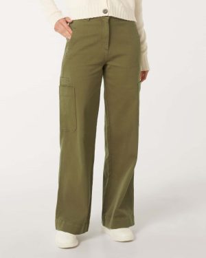 Forever New Women's Bobbie Wide-Leg Cargo Pants in Khaki, Size 14 Cotton/Elastane