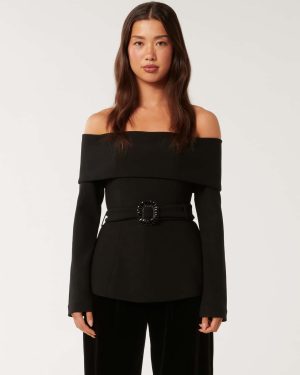 Forever New Women's Courtney Belted Bardot Top in Black, Size Small Polyester/Elastane/Polyester
