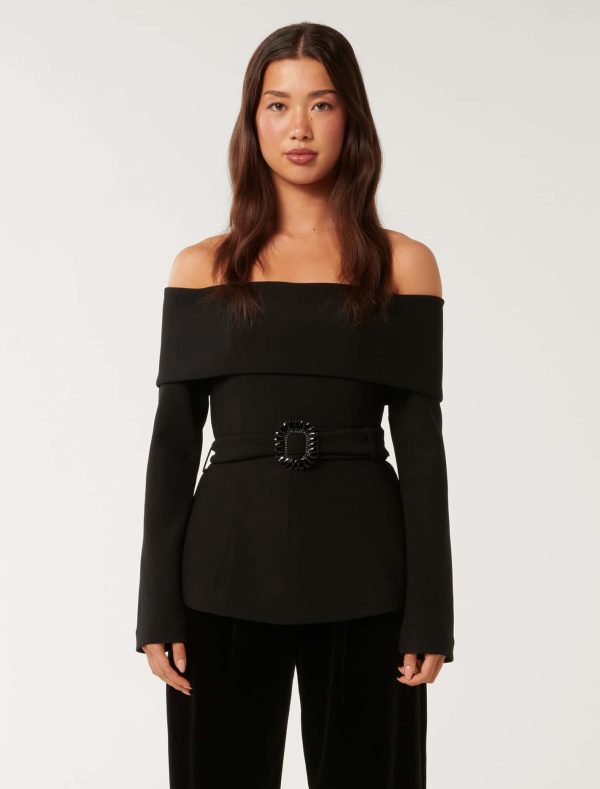 Forever New Women's Courtney Belted Bardot Top in Black, Size Small Polyester/Elastane/Polyester