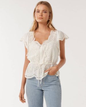 Forever New Women's Emmy Embroidered Blouse in Porcelain, Size 10 Cotton/Viscose