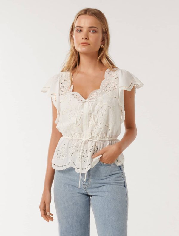 Forever New Women's Emmy Embroidered Blouse in Porcelain, Size 10 Cotton/Viscose