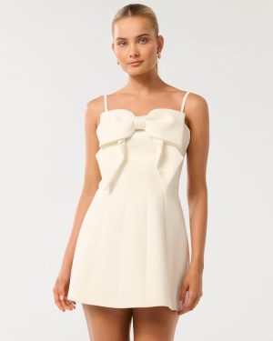 Forever New Women's Hayley Bow Front Mini Dress in White, Size 10 Polyester/Elastane/Polyester