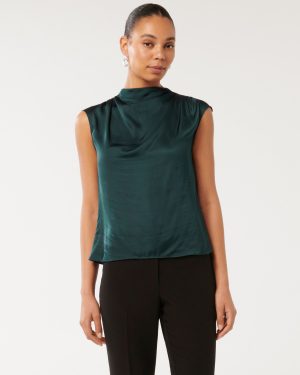 Forever New Women's Jess Drape-Neck Blouse in Forest Moss, Size 14 100% Viscose
