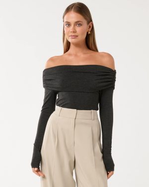 Forever New Women's Kyla Ruched Bardot Top in Midnight Grey Marle, Size Large Viscose/Elastane