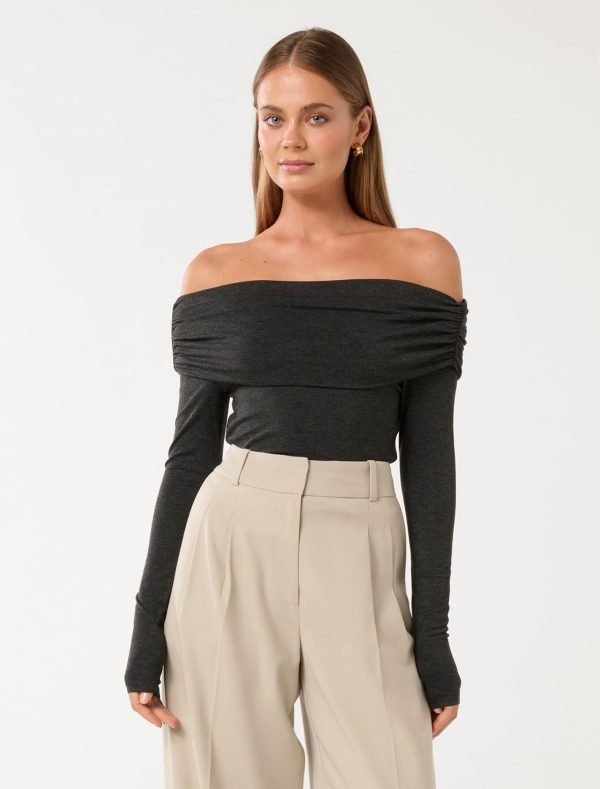 Forever New Women's Kyla Ruched Bardot Top in Midnight Grey Marle, Size Large Viscose/Elastane