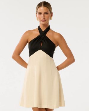Forever New Women's Lea Petite Halter Neck Mini Dress in Cream Black, Size 12 Linen/Viscose