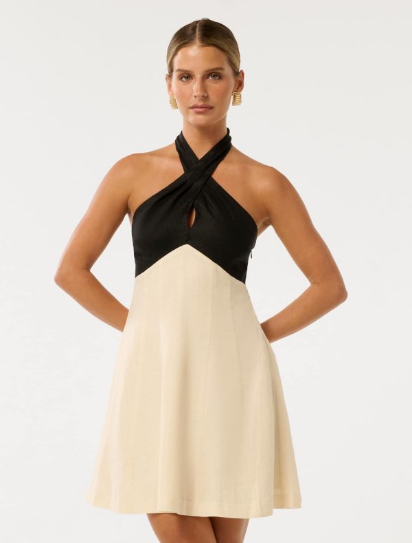 Forever New Women's Lea Petite Halter Neck Mini Dress in Cream Black, Size 12 Linen/Viscose
