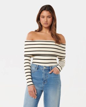 Forever New Women's Louise Bardot Top in Cream/Black Stripe, Size Medium Viscose/Polyester/Elastane