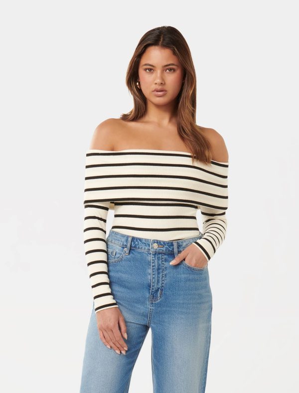 Forever New Women's Louise Bardot Top in Cream/Black Stripe, Size Medium Viscose/Polyester/Elastane