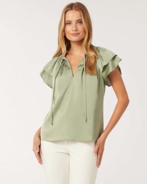 Forever New Women's Marni Satin Blouse in Sage Green, Size 16 100% Polyester