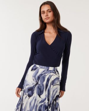 Forever New Women's Matisse Wrap Top in Royal Navy, Size Small Polyester/Elastane/Polyester