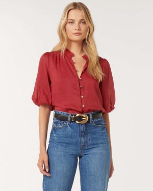 Forever New Women's Paloma Puff-Sleeve Blouse in Crimson Red, Size 6 Ramie/Viscose