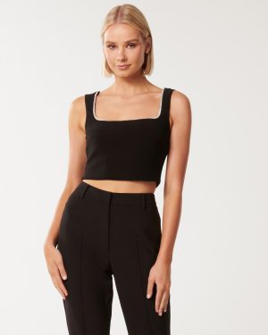 Forever New Women's Reagan Embellished Crop Top in Black, Size Large Main/Polyester