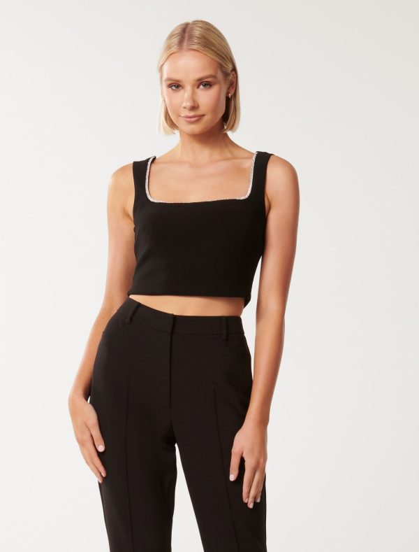 Forever New Women's Reagan Embellished Crop Top in Black, Size Large Main/Polyester
