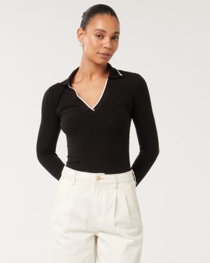 Forever New Women's Reina Contrast Long-Sleeve Polo Top in Black White, Size X-Small Viscose/Elastane/Viscose