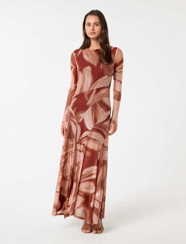 Forever New Women's Tammy Asymmetric Hem Midi Dress in Rust Carissa Floral, Size 6 Polyester/Elastane/Polyester